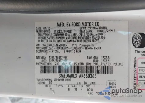 2010 Mercury Milan Hybrid from USA, damaged, VIN 3MEDM0L31AR660365